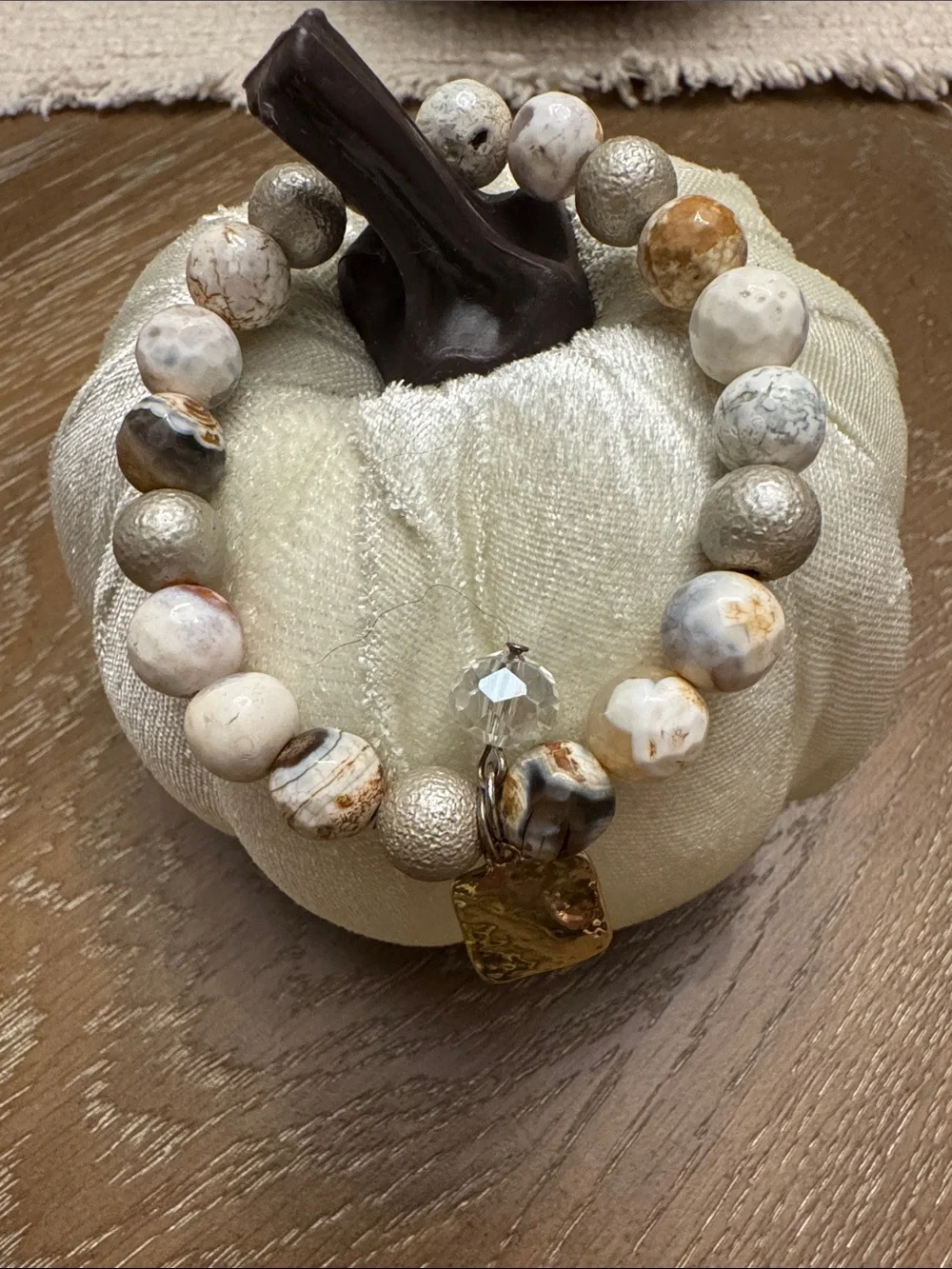 Neutral Toned Beads & Gold Charm Stretch Bracelet - Like New!